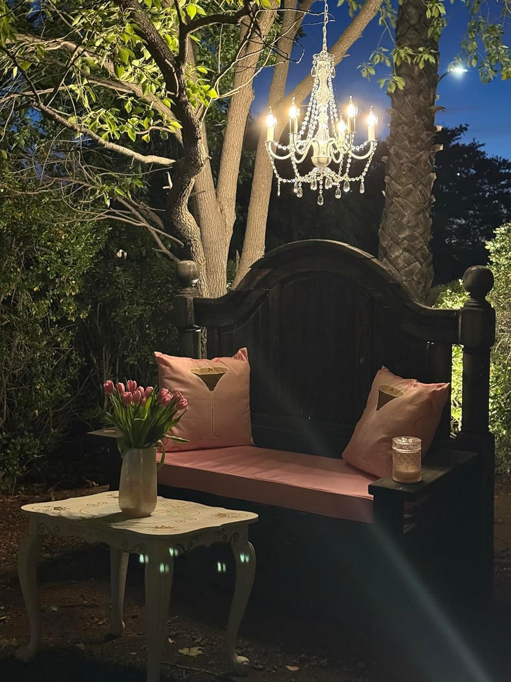 Outdoor 6 Light Plug-in Crystal White Chandelier H26'xW22', White Metal Frame, Clear Acrylic Crystals, and Low Voltage (12 Volts) IP65 Water Resistant Electrical Components