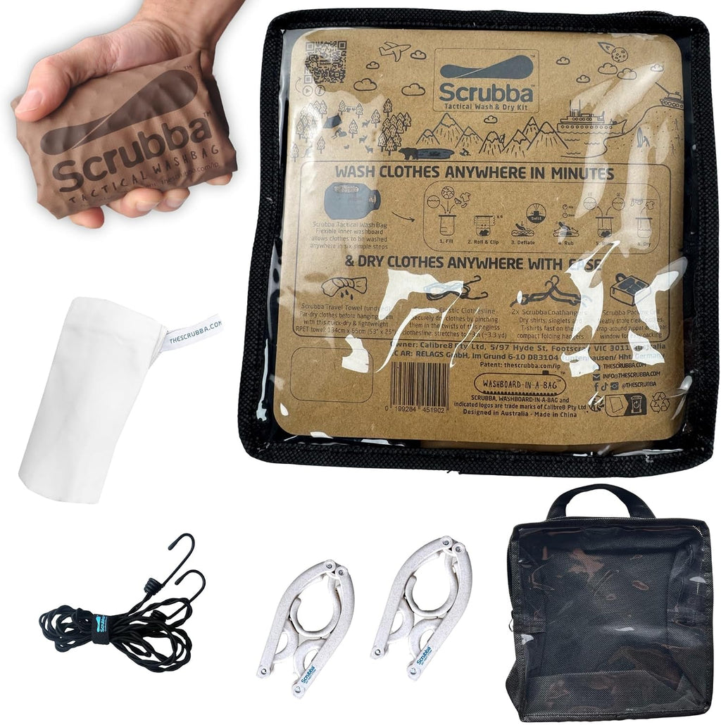 Scrubba Tactical Wash Bag & Dry Kit - Portable Washing Machine System with XL Towel, Pegless Clothesline & Hangers - Lightweight Travel Essentials Laundry Kit for Camping, Hiking, RV, Hotels