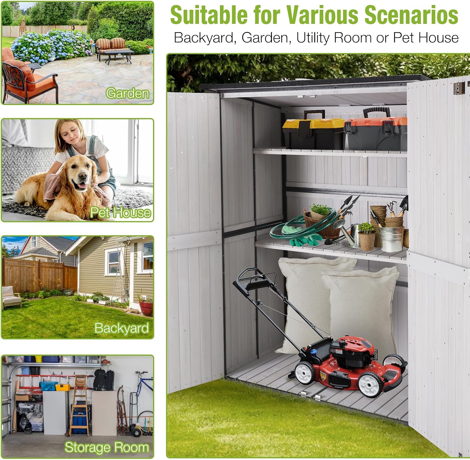 4.6x2.42FT Sheds & Outdoor Storage Shed with All Around Metal Frame, Garden Sheds Cabinet with Floor & Adjustable Shelfs, Tool Shes for Backyard Garden Patio Lawn (White)