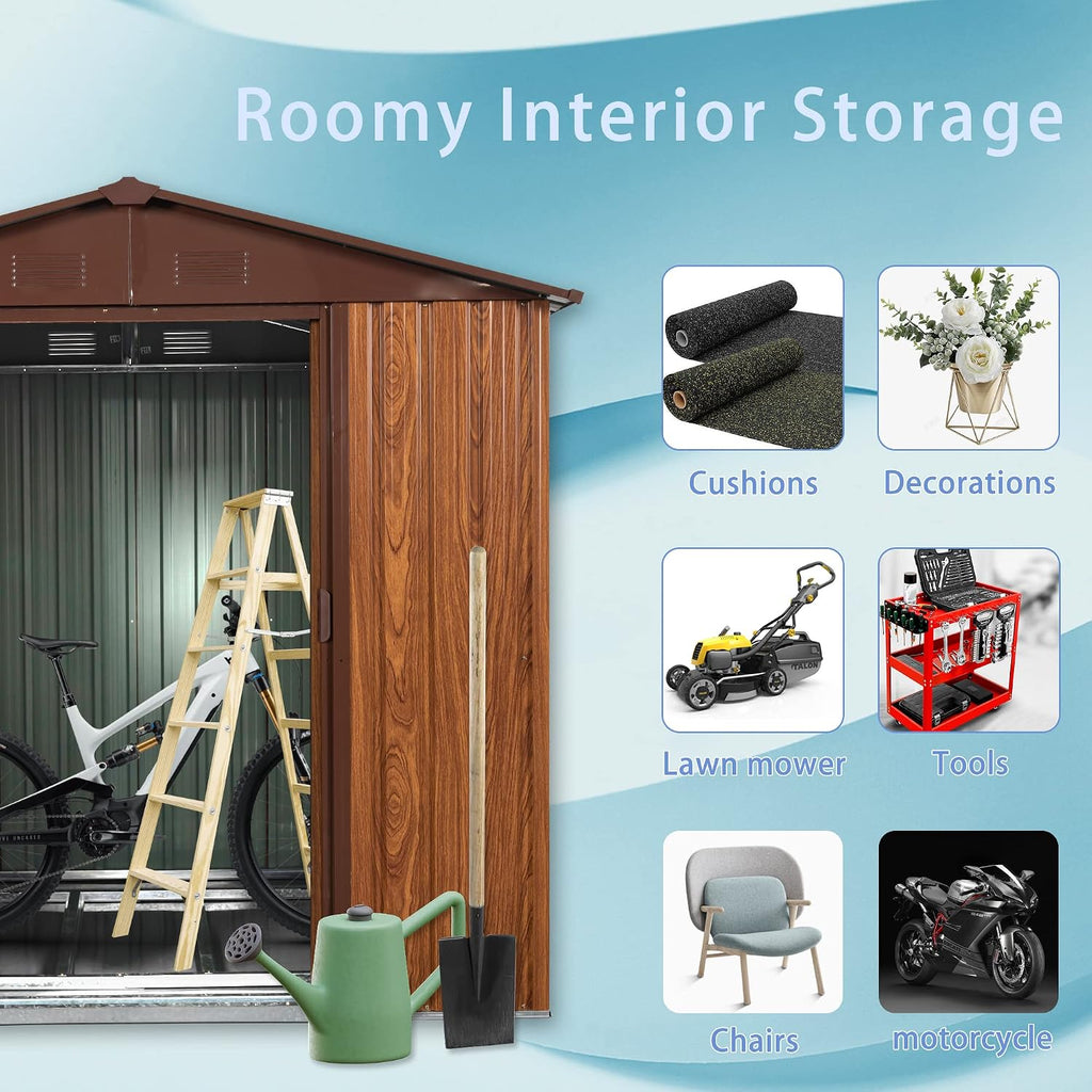 YOPTO 6×6 FT Outdoor Metal Storage Shed with Floor Base and Window,Heavy Duty Storage House Shed W/Integrated Punched Vents,Sliding Doors&Padlock,Rust Waterproof Tool Sheds for Garden,Backyard,Coffee
