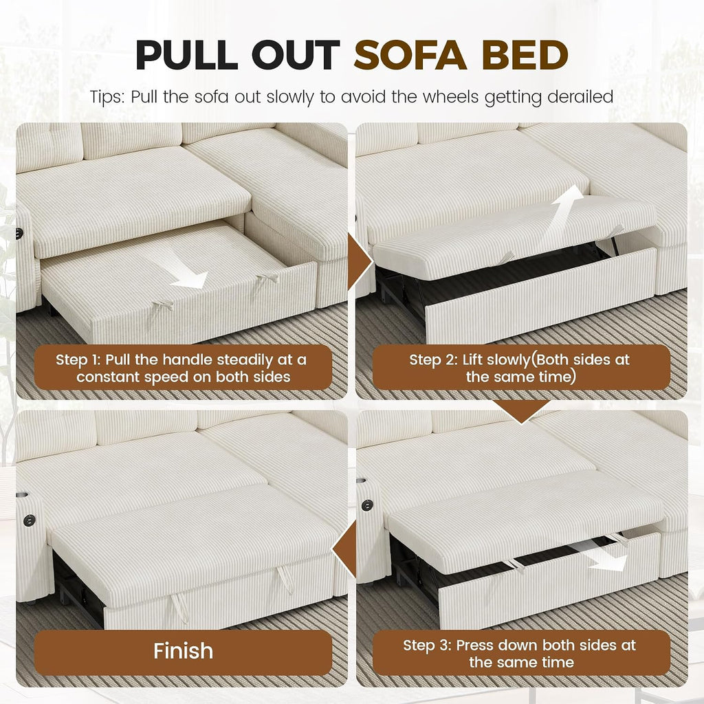 Luxanimarion 83'' Pull Out Sofa Bed, 2 in 1 Convertible Sleeper Sofa Couch with Storage Chaise & USB Charging, Comfy Corduroy Modular Couches for Living Room Apartment,Beige 1 PCS