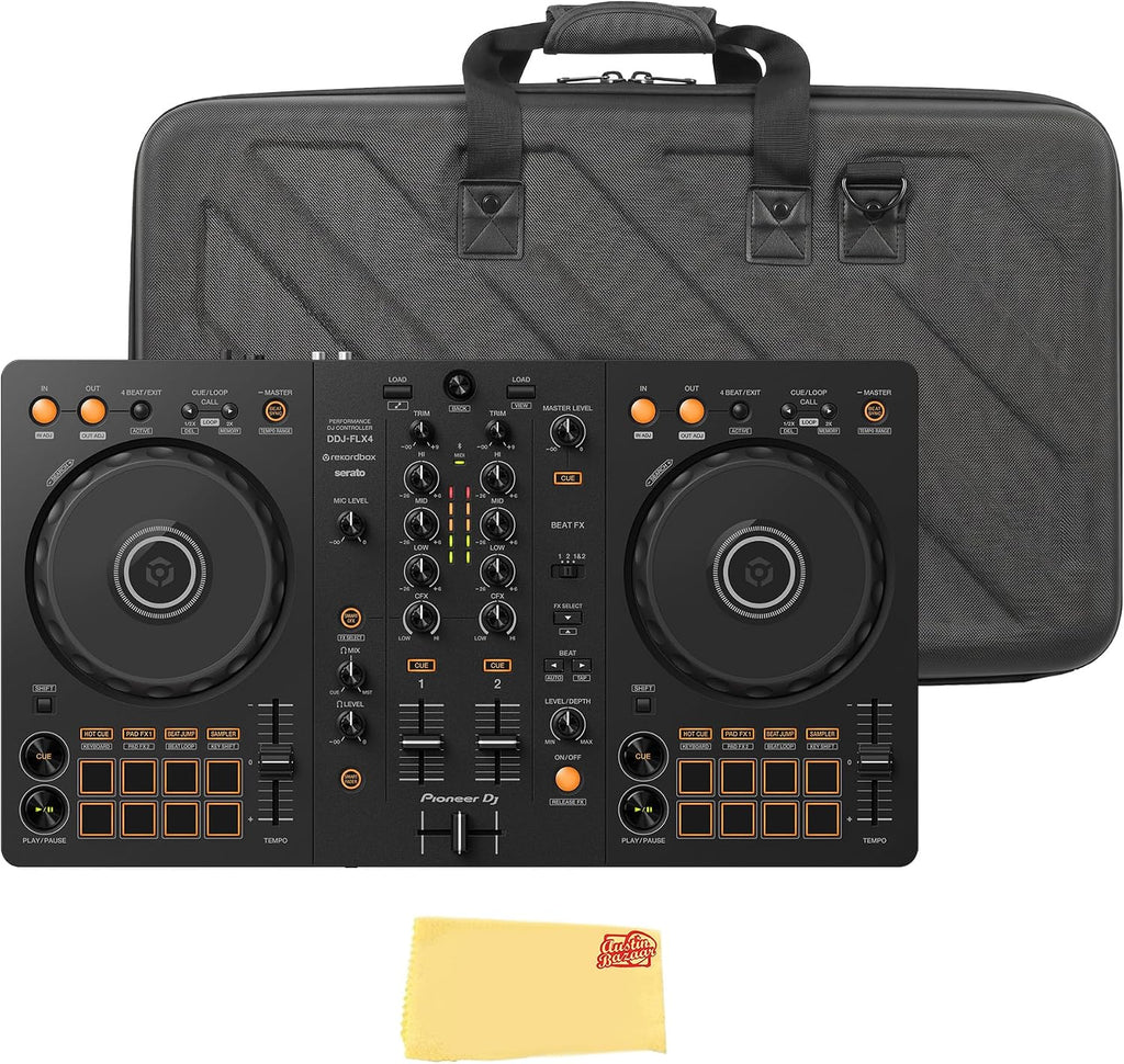 Pioneer DJ DDJ-FLX4 2-Channel DJ Controller - Black Bundle with Carrying Case and Austin Bazaar Polishing Cloth