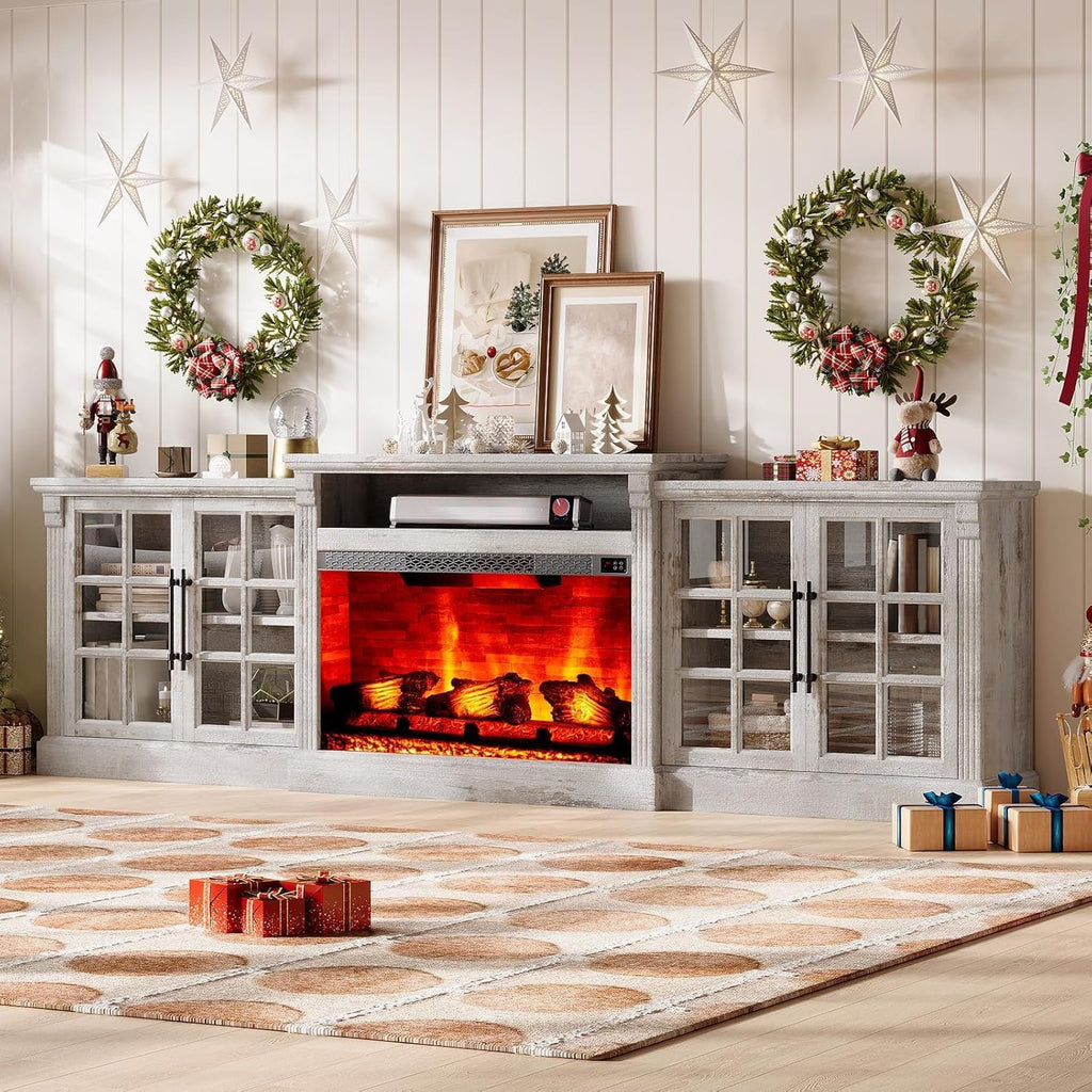 LUXOAK 97' Farmhouse TV Stand with 33' Fireplace for TVs up to 100', Media Entertainment Center with Large Storage Cabinet and Adjustable Shelves for Living Room, Light Grey