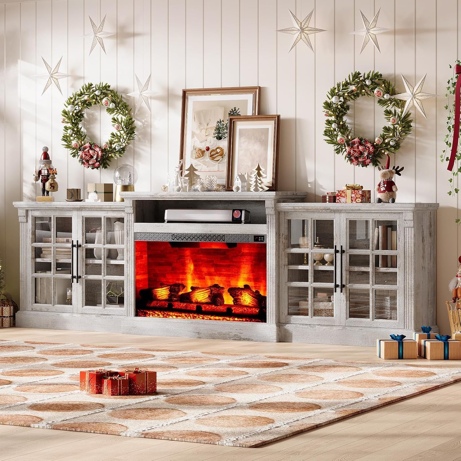 LUXOAK 97' Farmhouse TV Stand with 33' Fireplace for TVs up to 100', Media Entertainment Center with Large Storage Cabinet and Adjustable Shelves for Living Room, Light Grey