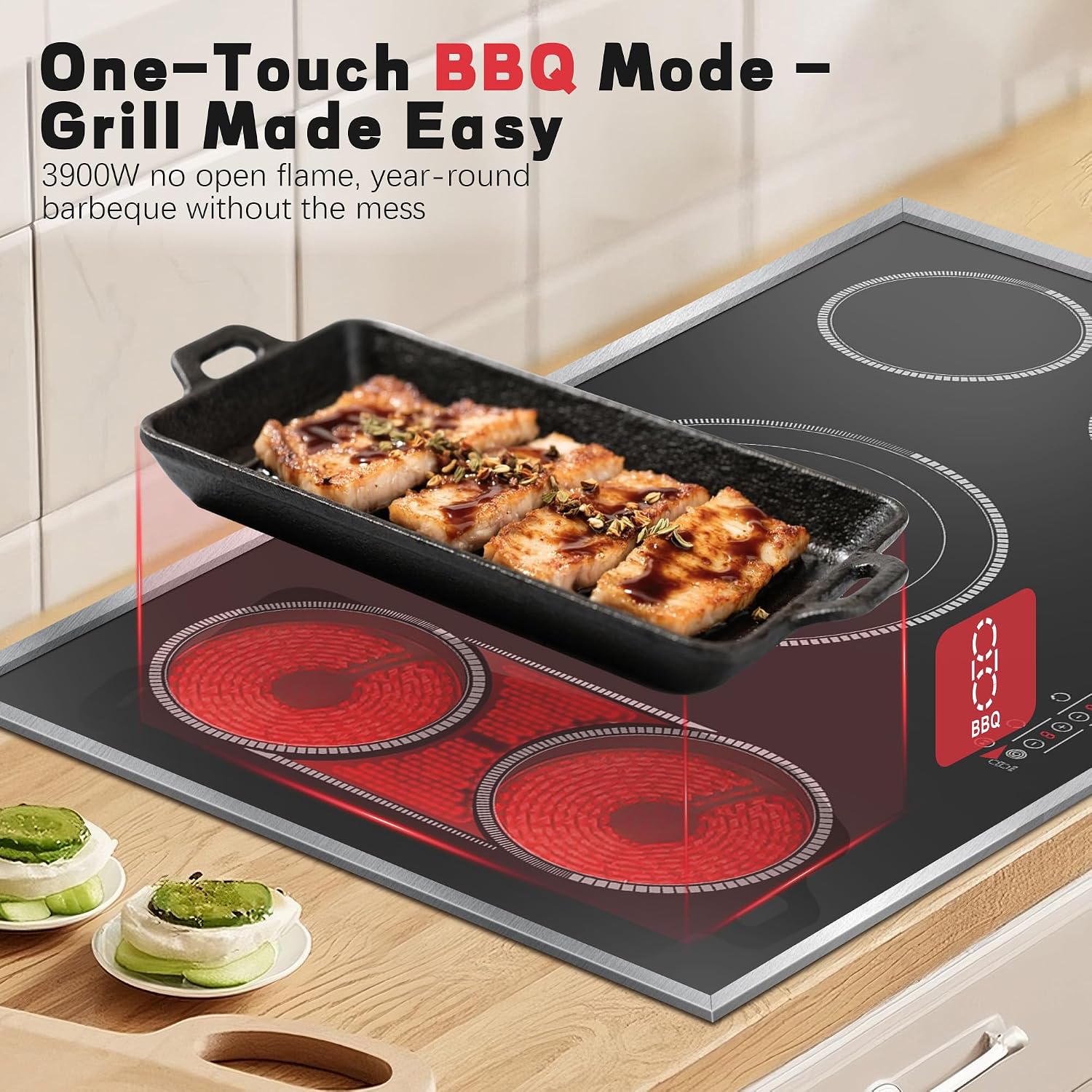 36 Inch Electric Cooktop, 5 Burner Stove Top Touch Control, 36' Glass Ceramic Stove Top 9600W with BBQ & Flexible Zone, Child Lock, Timer, Overheat Protection, 220-240V Hard Wired (No Plug)