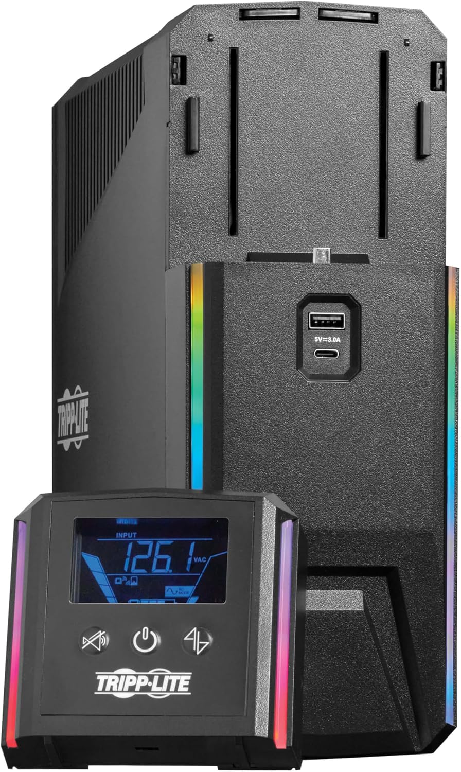Tripp Lite Pure Sine Wave Gaming UPS Battery Backup, 1000VA 600W 120V, Detachable LCD, Automatic Voltage Regulation, USB, RGB LED Lights, 3-Year Warranty & $250K Insurance (SMART1000PSGLCD)