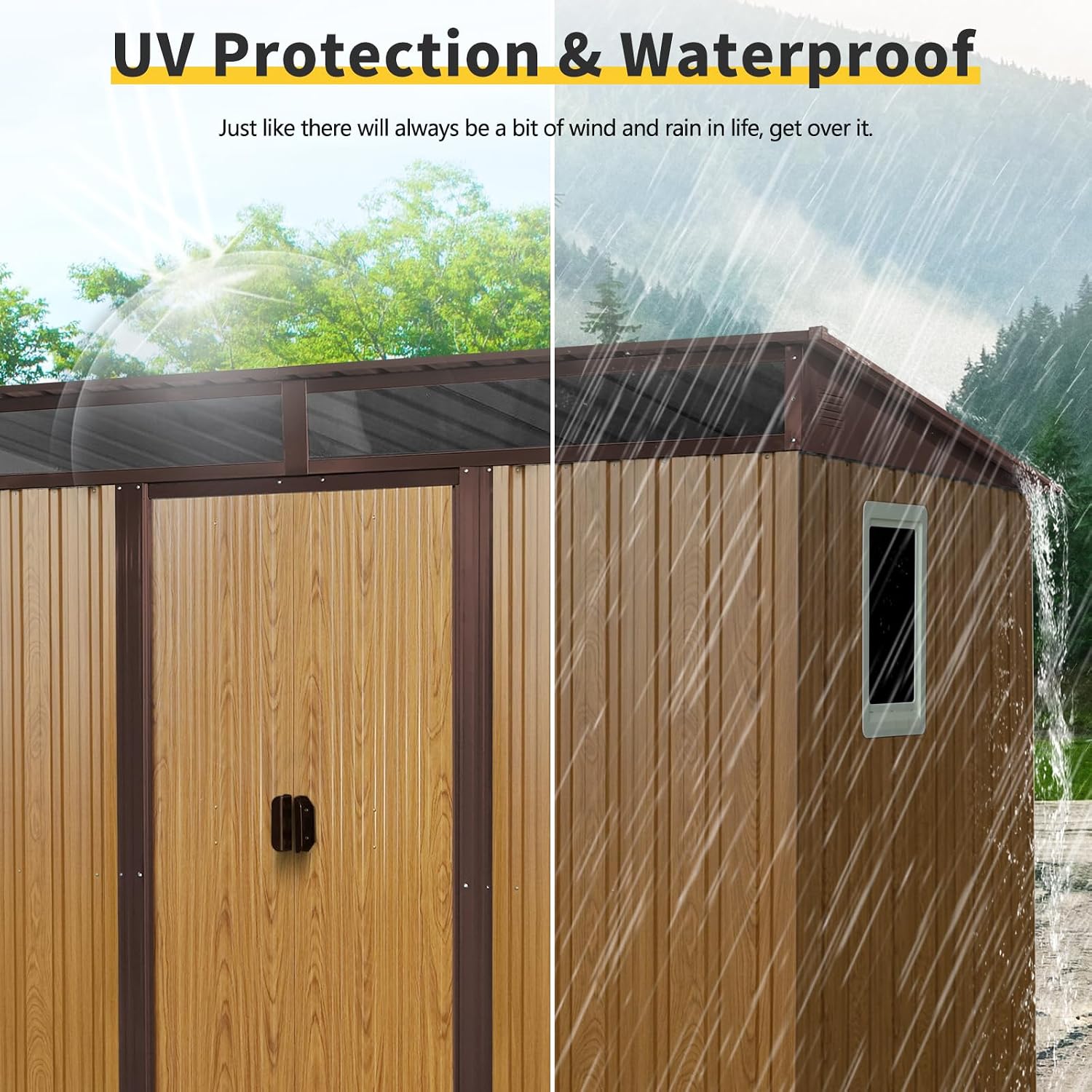 6x8 FT Outdoor Storage Shed, Metal Garden Shed with Frame Floor, Outside Tool Shed with Window, Waterproof Storage Building with Lockable Sliding Doors & Sloped Roof for Backyard, Patio, Lawn, Coffee