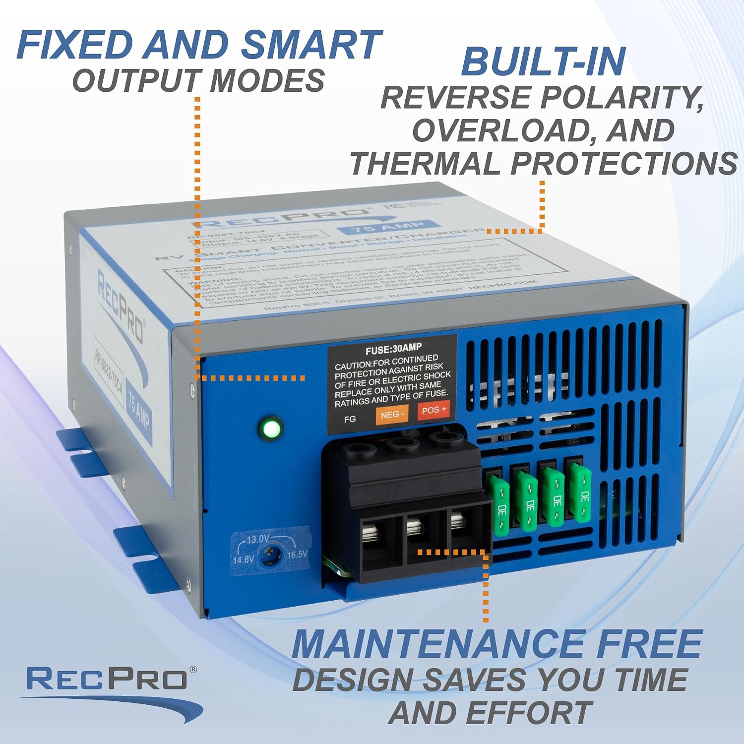 RecPro RV Converter 75 Amp | RV Power Converter & Battery Charger | 4 Stage Smart Charging | 120VAC to 12VDC | 13V to 16.5V Operating Range