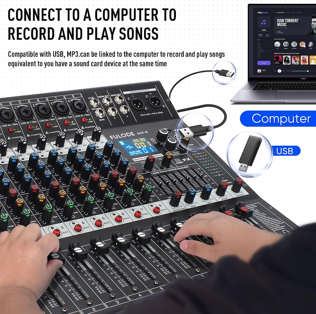 8-Channel Professional Audio Mixer Sound Board Console 99 Bit DSP Digital Processor w/USB Bluetooth MP3 for PC Recording Input, XLR Microphone Jack, 48V Power, DJ Mixer