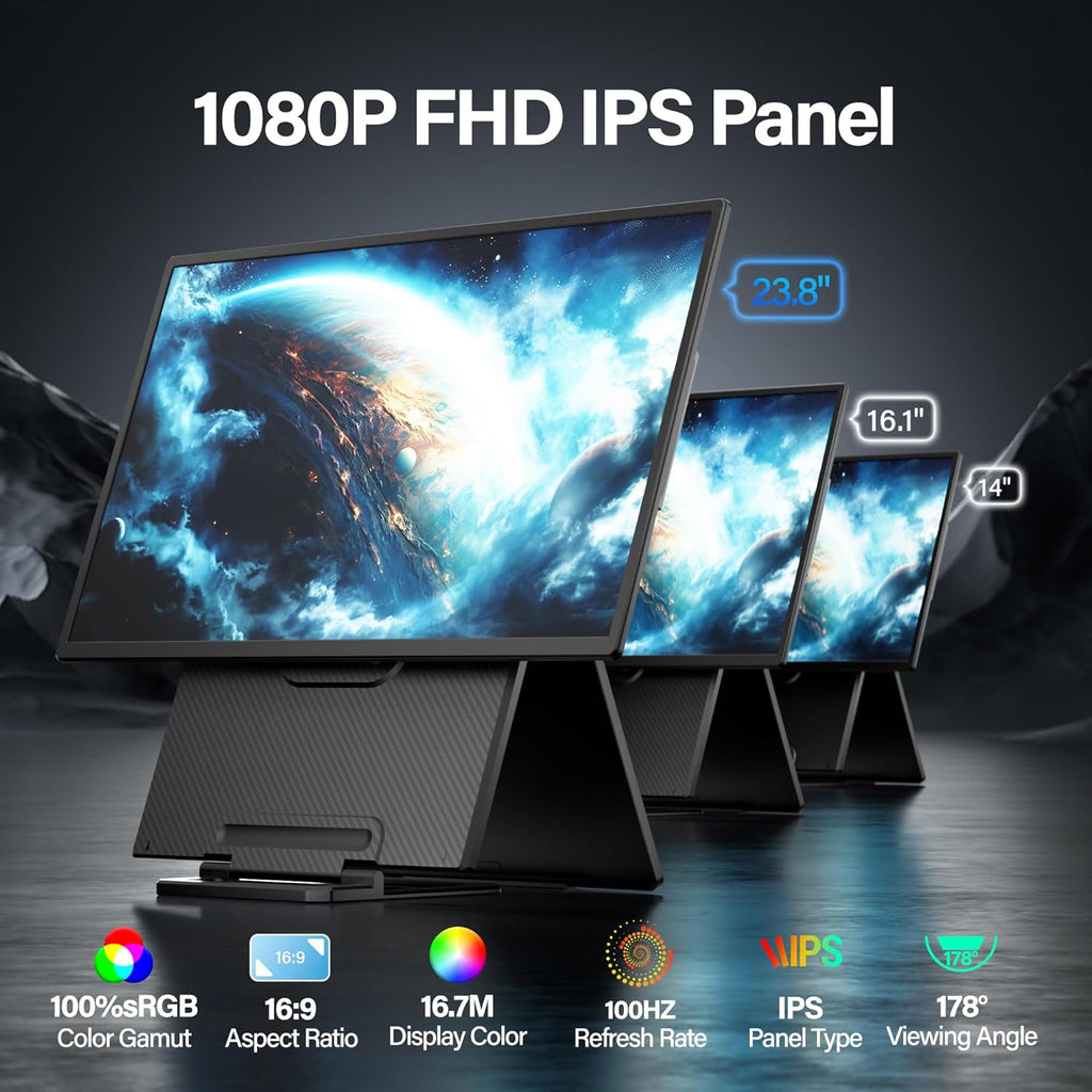 Setclod 23.8' Large Portable Monitor, 1080P FHD 100Hz Laptop Screen Extender, IPS 125% sRGB, Extra USB Hub for Office Gaming with Detachable Stand, Travel Monitor for Window, MAC, Xbox, Switch