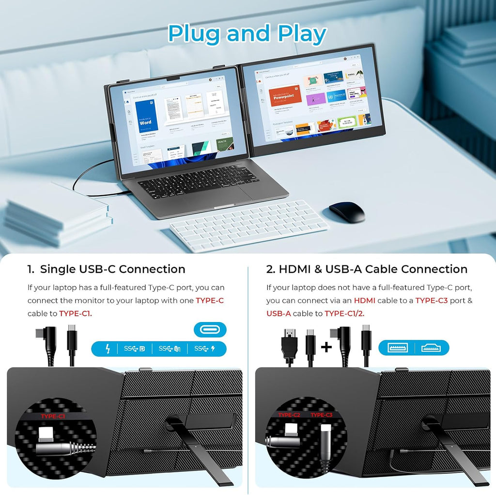 Laptop Screen Extender Ultra-Thin, 14' FHD 1080P Dual Portable Monitor for Laptop, 1.3lbs Lightweight Travel Monitor Extender Fit 13'-17.3', Plug and Play for Windows/Mac/Android/Chrome