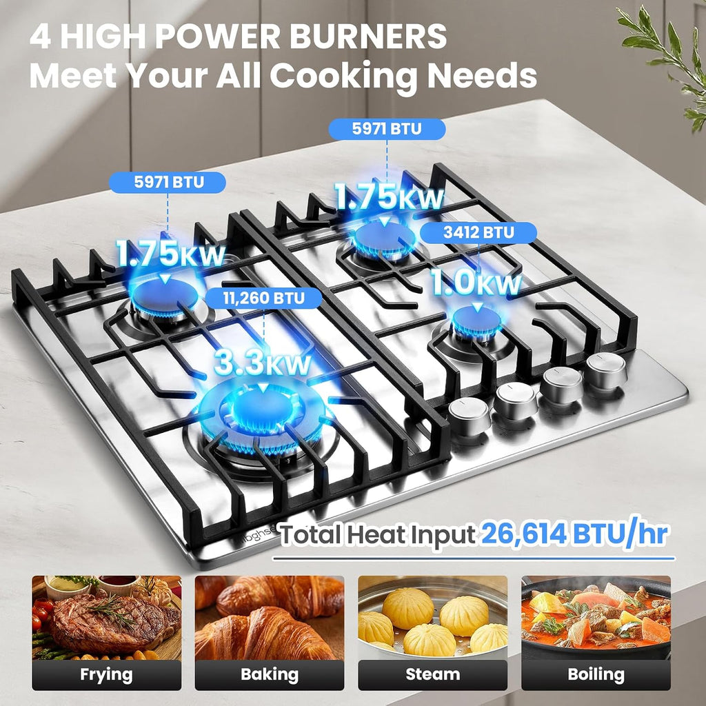 24 inch Gas Cooktop, Bulit-in 4 Burners Gas Stove Stainless Steel Stove Top with Thermocouple Protection, LPG/NG Convertible Propane Cooktops