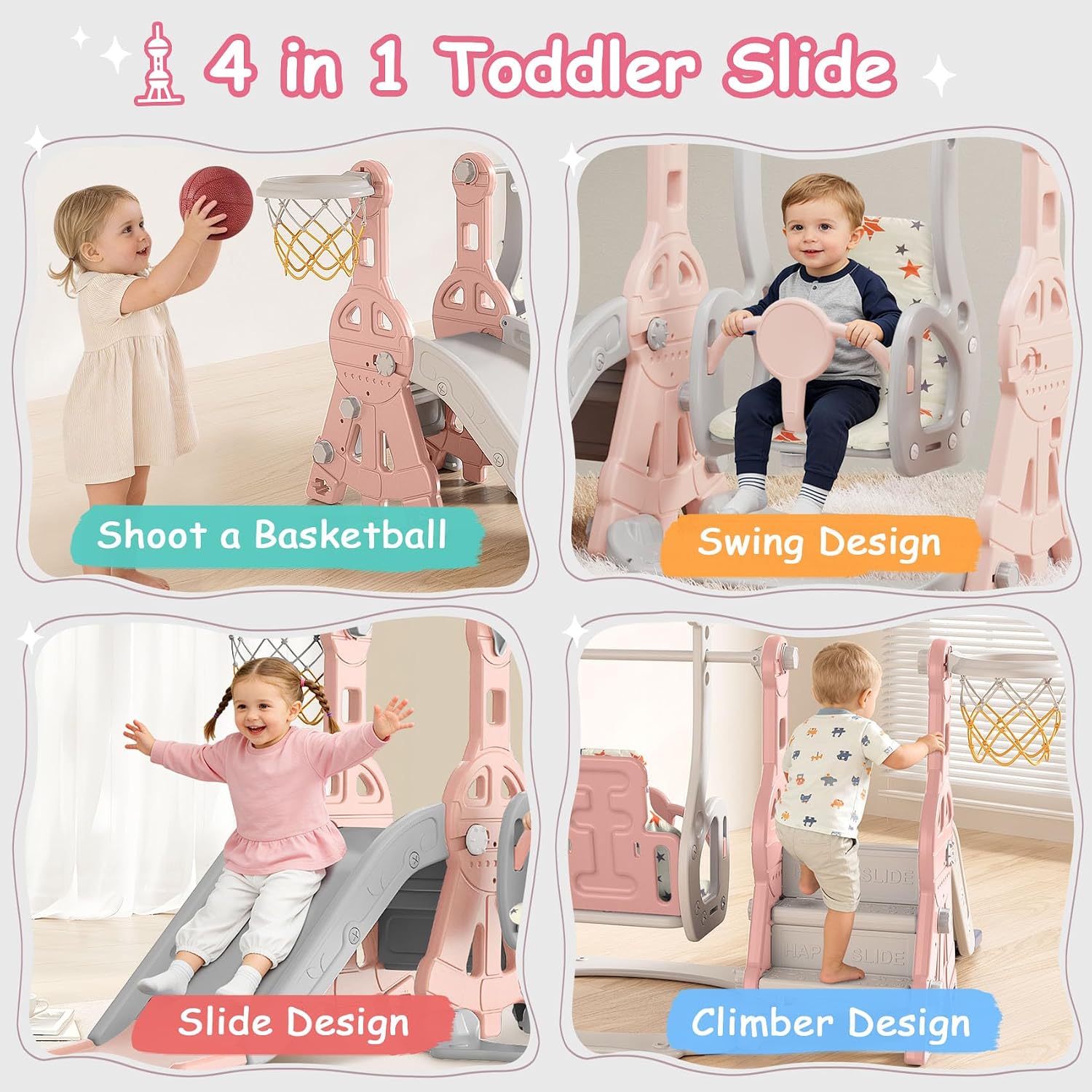 BIERUM Toddler Slide and Swing Set - Baby Slide for Toddlers Age 1-2, with Basketball Hoop, Indoor Outdoor Playset Pink Gray