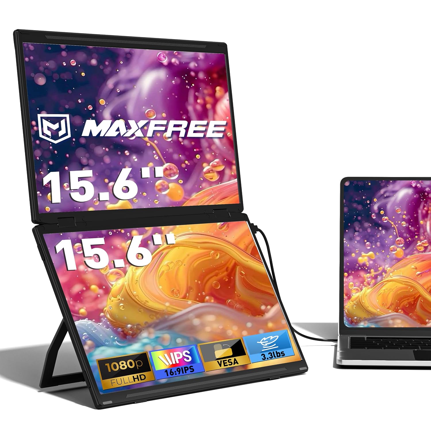 Maxfree Laptop Screen Extender, 15.6'' FHD 1080P Dual Portable Monitor with USB C, HDMI, Plug & Play, VESA Mountable, Lightweight, Dual Monitor for Laptop Windows Mac(M1/M2/M3 chip) Android Ps4 Switch