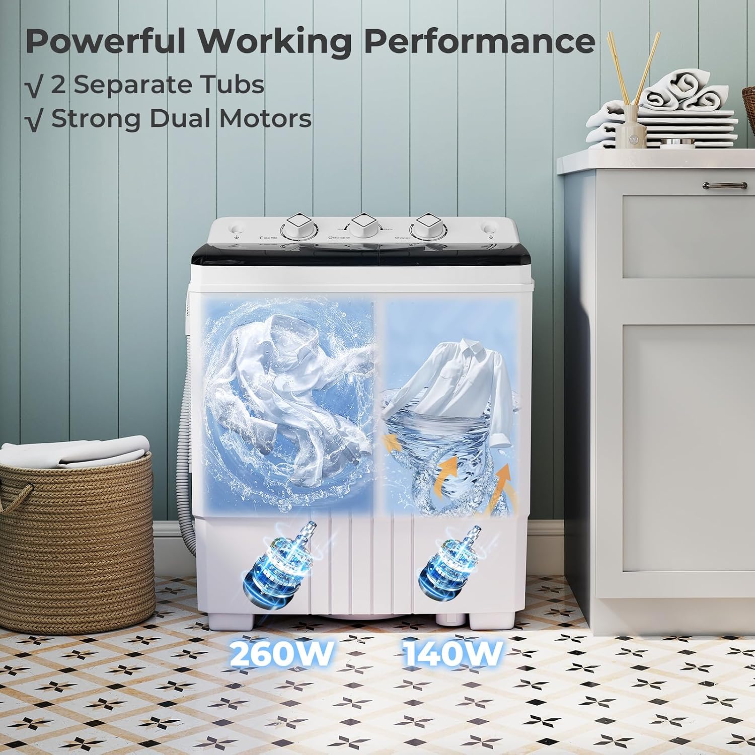 Giantex Portable Washing Machine, 20 LBS Washer & Spinner Combo with Built-in Drain Pump & Time Control, Compact Twin Tub 12 LBS Washing & 8 LBS Spin Drying for Apartment Dorm RV (Black+White)