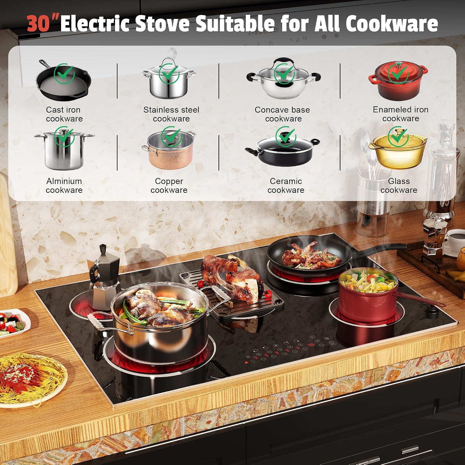 30 Inch Electric Cooktop - 30 Inches Electric Stove 8400W, 5 Burner Ceramic Stovetop Built-in(29.13'x19.3') with Metal Frame, 99 Mins Timer, Safety Lock, Dual Ring, 220V Hard Wired (No Plug)