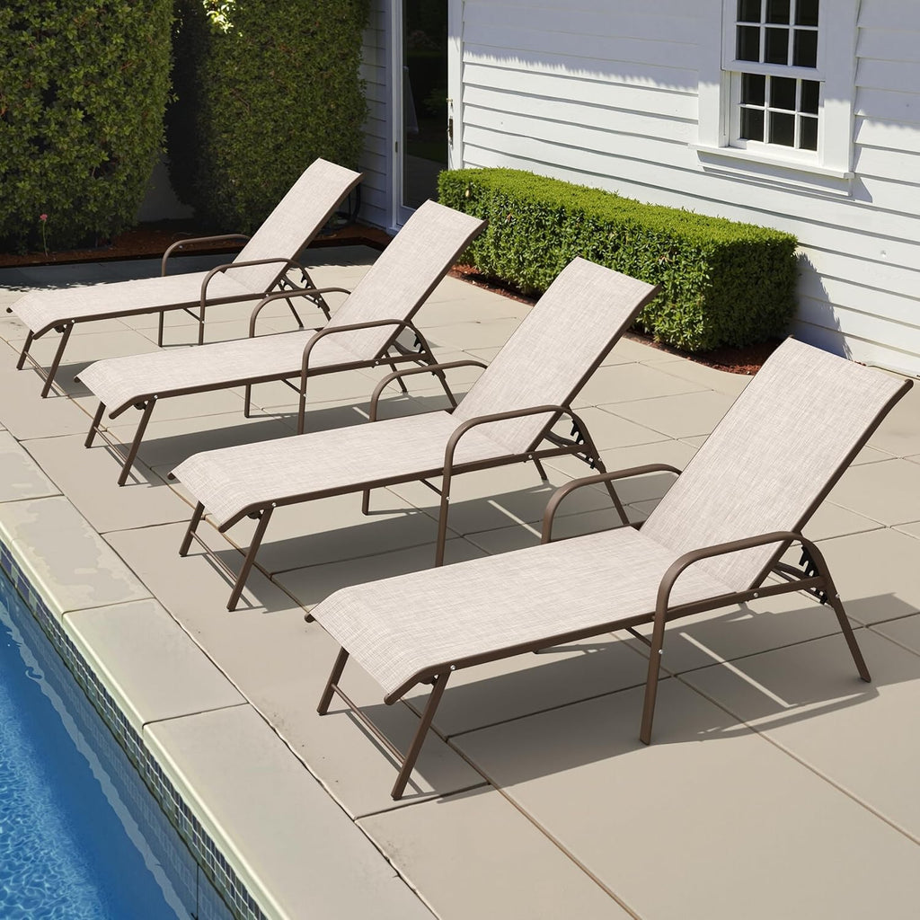 Crestlive Products Chaise Lounge Chair Outdoor with Armrests, Pool Lounge Chairs Set of 4, Aluminum Adjustable 5 Positions Sun Tanning Lounger for Patio, Poolside, Yard, Deck, Backyard (Beige)