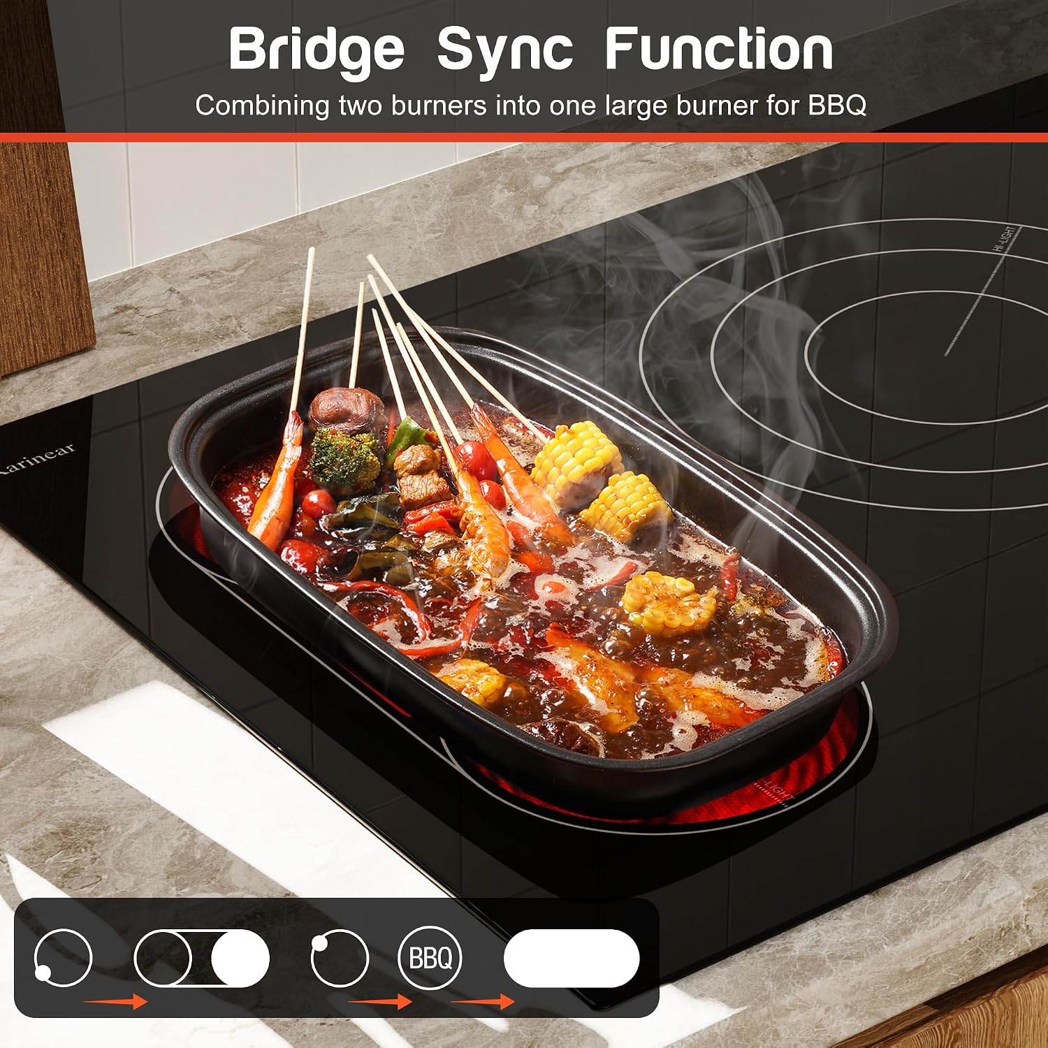 Karinear 36 Inch Electric Cooktop, 5 Burners Electric Stove Top, Flexible Bridge &Triple Ring Expandable Burners, Pause, Timer, Child Safety Lock, 9600W Built-in Ceramic Cooktop for 220-240V Hard Wire