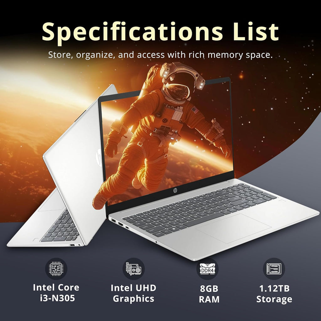 HP 15.6' HD Business Laptop, Intel Core i3 N305, 8GB RAM, 1.12TB Storage (128GB SSD+1TB Docking Station Set), Intel UHD Graphics, Copilot AI, HD Camera, Wi-Fi 6, Win 11, Silver