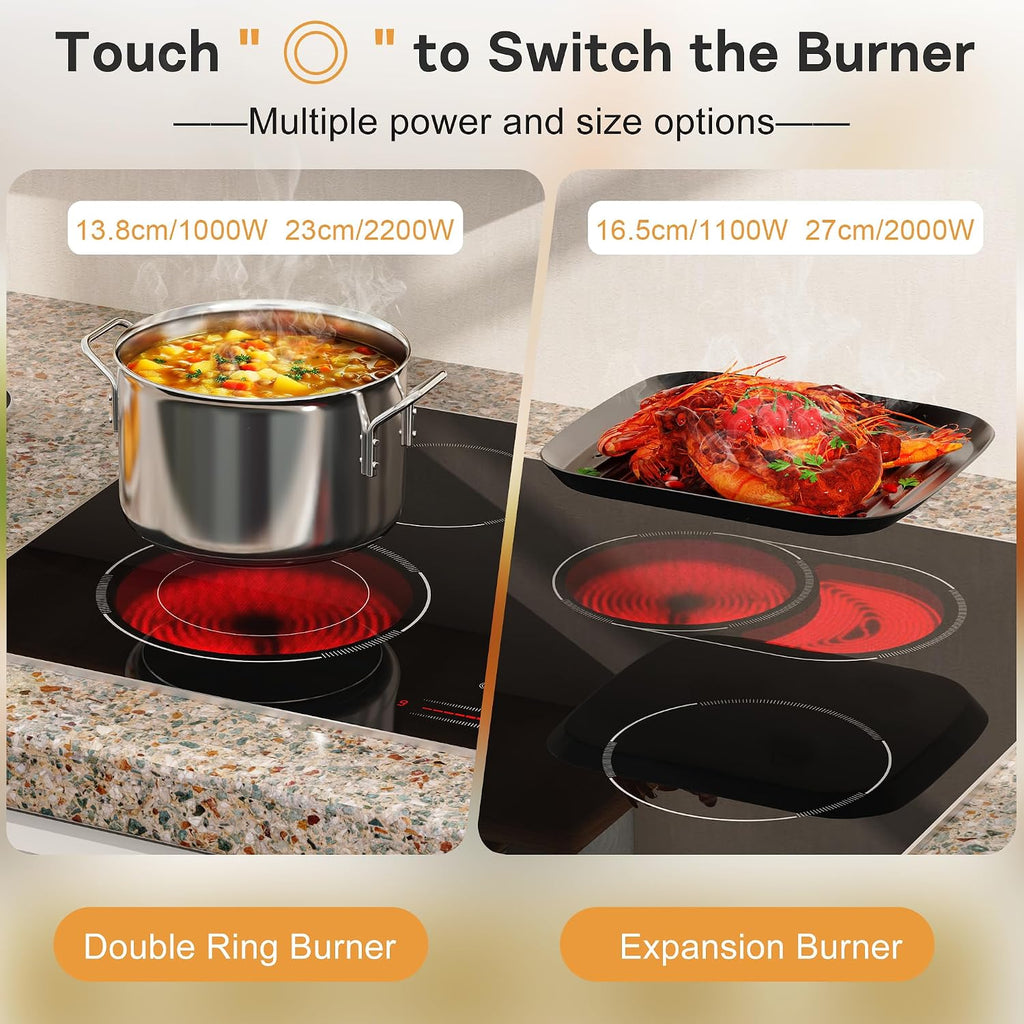 30 Inch Electric Cooktop, 4 Burner Electric Stove with Double Ring Burner & Extended Zone, 6600W Electrics Cooktop 220V-240V, 9 Power Levels, Slide Control, Safety Lock, Timer