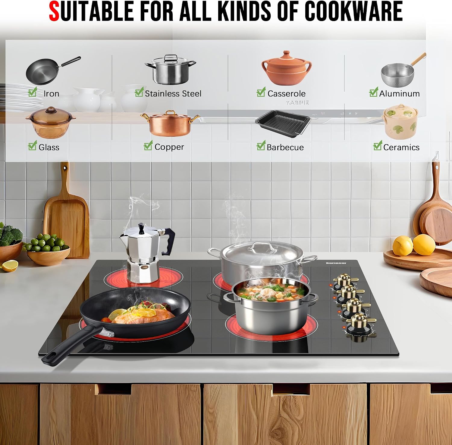 Karinear 4 Burner Electric Cooktop 24 Inch, Built-in Stove Top, 220-240v Radiant Cooktop with Knob Control, Residual Heat Indicator, Over-Temperature Protection, Hard Wire, Gold Knob