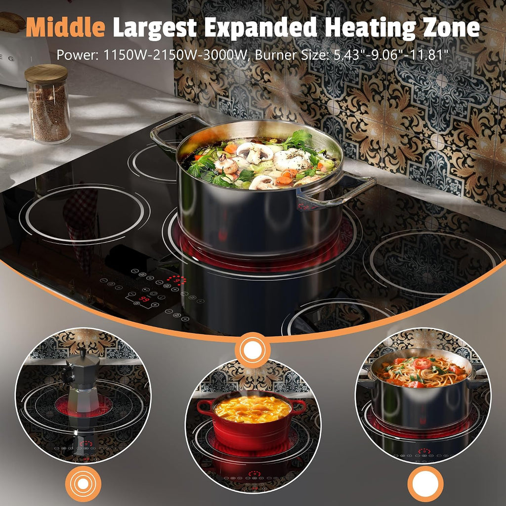 36 Inch Electric Cooktop - 9400W Powerful 5 Burner Electric Stove, 220V Built-in(34.25'x19.3') Ceramic Stove Top 36 Inches with Triple Ring, Timer, Safety Lock, Pause, 220V-240V Hard Wired
