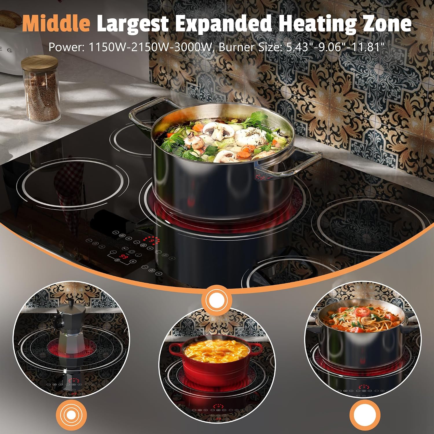 36 Inch Electric Cooktop - 9400W Powerful 5 Burner Electric Stove, 220V Built-in(34.25'x19.3') Ceramic Stove Top 36 Inches with Triple Ring, Timer, Safety Lock, Pause, 220V-240V Hard Wired