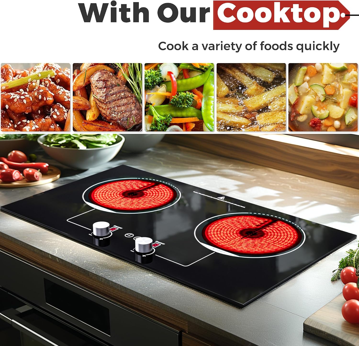 ADVWIN Electric Cooktop, 2 Burner Knob Control Plug in Built-in Ceramic Electric Stove Top with Child Safty Lock & Timer & Over-Temperature Protection & 10 Power Setting (2burners)
