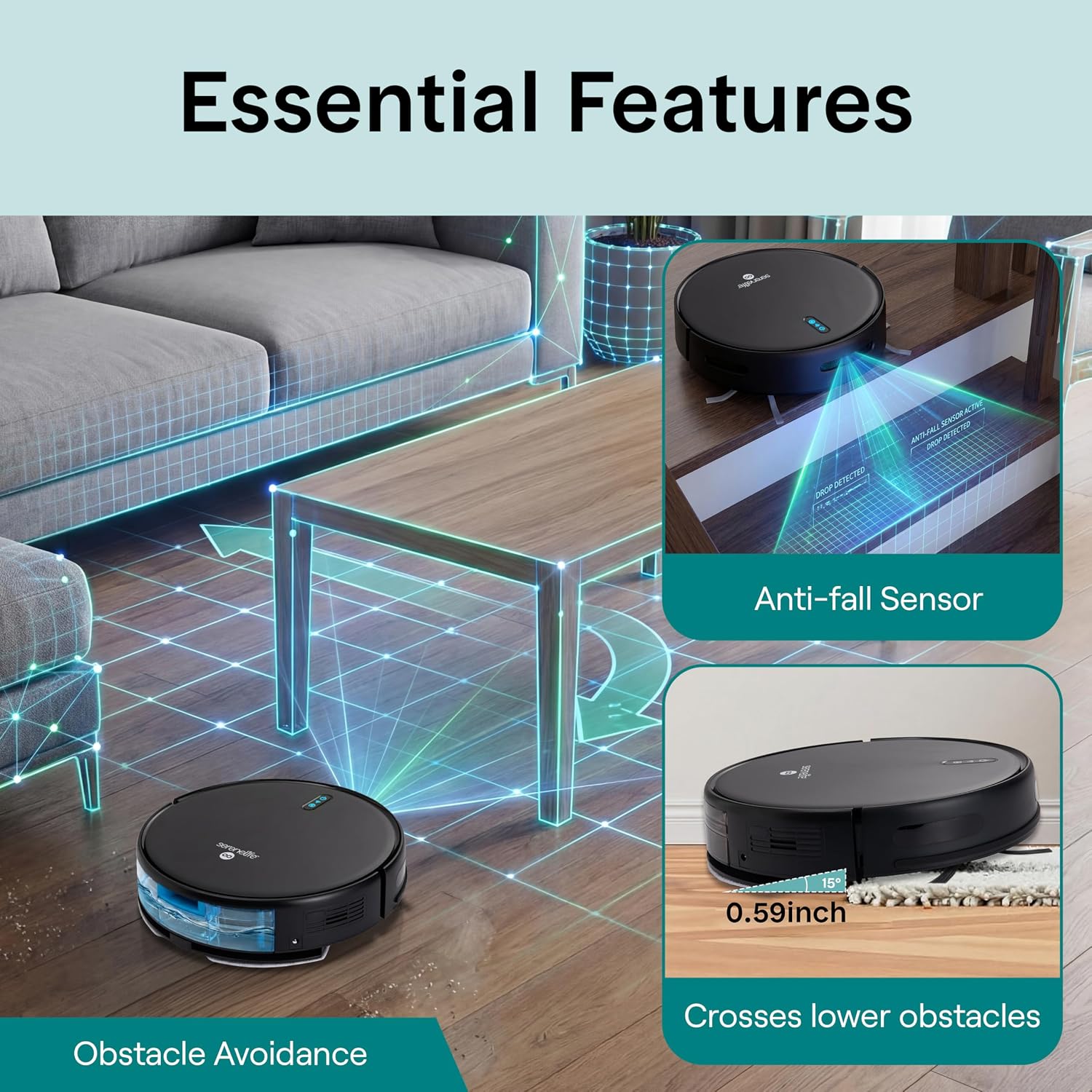 SereneLife Automatic Robot Vacuum Cleaner and Mop Combo, Pro Edition with Upgraded Battery, Extreme Suction, Internal Water Tank - Smart App Control, Ideal for Pet Hair, Carpet and Hard Floors, Black