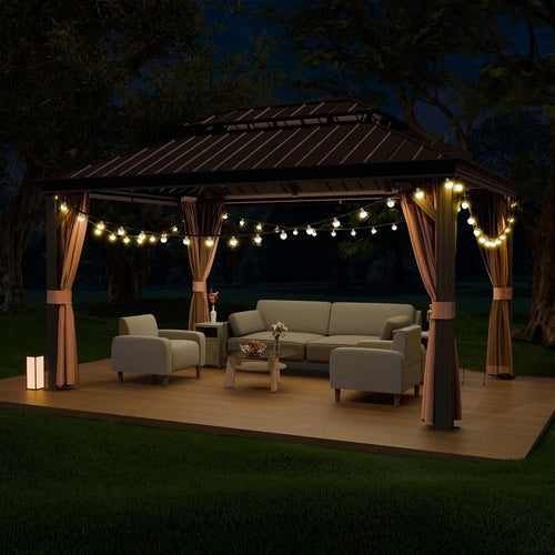 10'x12' Hardtop Gazebo, Outdoor Aluminum Frame Galvanized Steel Double Roof Pavilion with Netting and Shaded Curtains, Permanent Metal Pergolas for Patio, Backyard, Deck and Lawns.