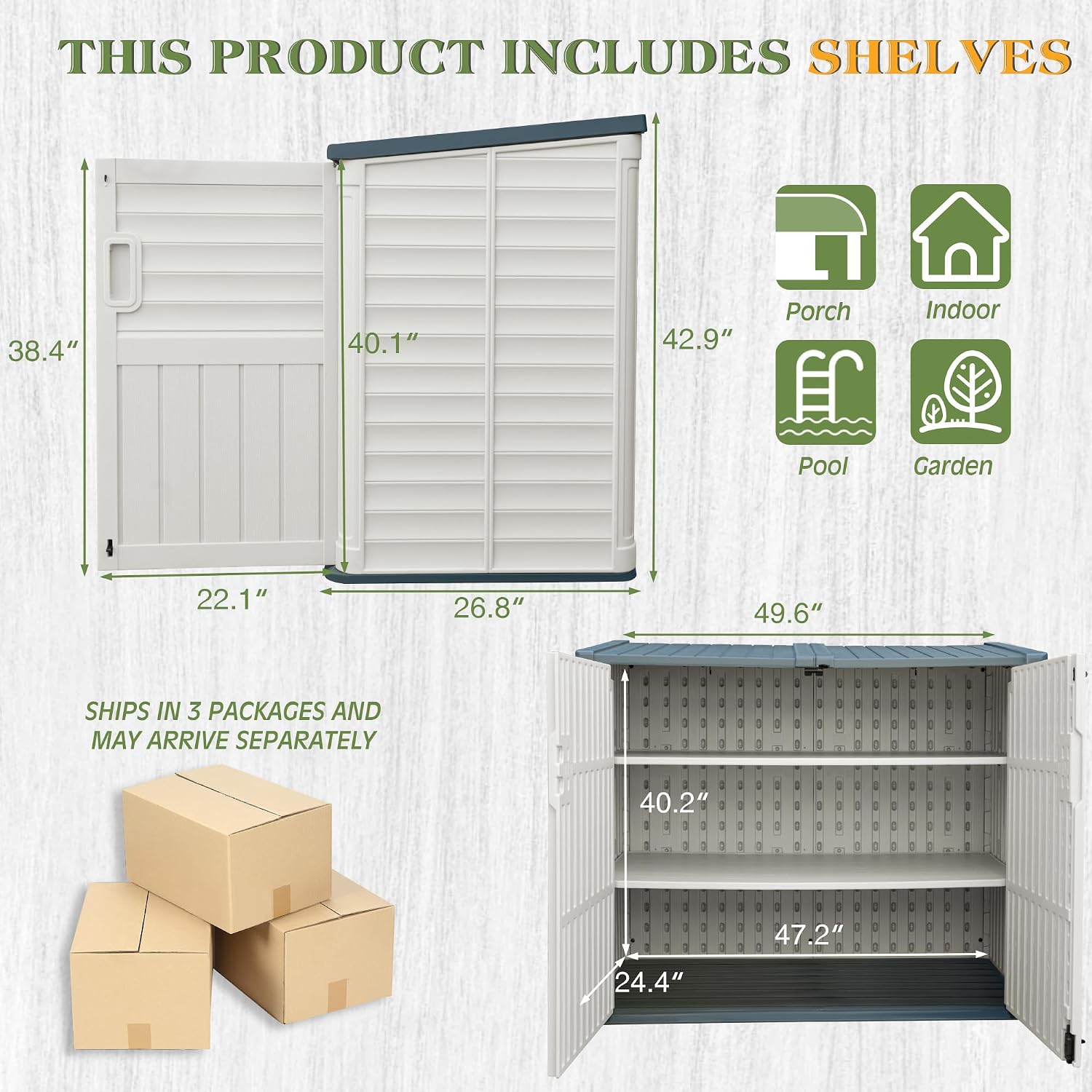 Greesum Outdoor Trash Can Storage Shed, 34 Cu.ft Waterproof Horizontal Storage Shed, Portable Horizontal Resin Storage Shed for Garden, Backyard, Patio, White