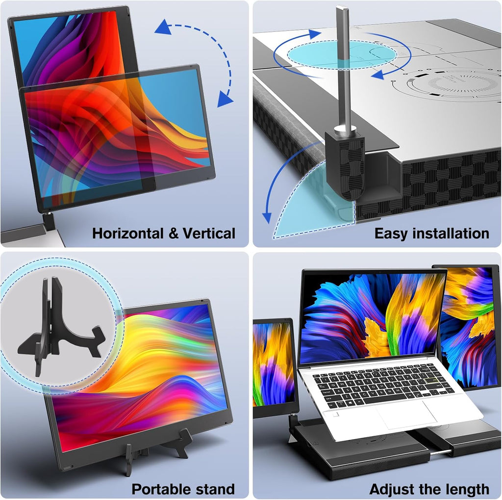 Laptop Triple Screen Extender - 14' Monitor IPS FHD 1080P HDMI USB-C Detachable Portable Display for 12-17.3 Inch Laptops Compatible with Windows Mac Chrome Surface Metal Base Travel Work Setup