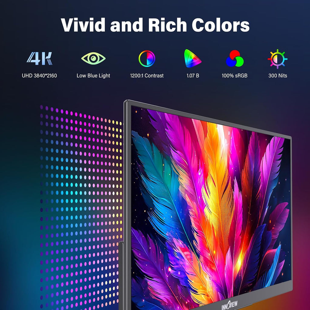 InnoView 15.6 inch Portable Monitor 4K UHD 3840x2160 | 100% sRGB HDR | External Monitor with 2 USB-C & HDMI Ports | Travel Second Monitor for Laptop Mac PC Xbox PS5 Switch (Includes Adapter)