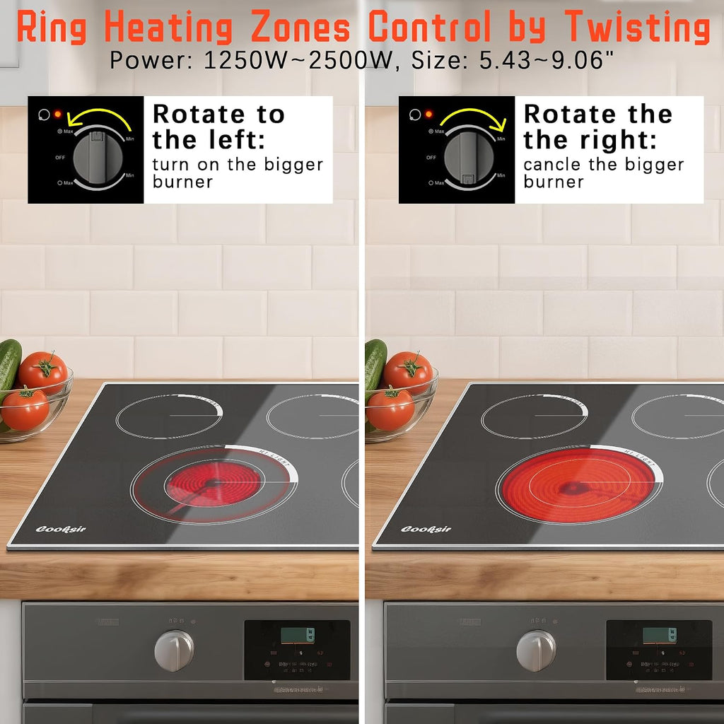 36 Inch Electric Cooktop - Built-in(34.25'x19.3') 5 Burner Electric Stove with 8400W High Power, 36' Large 5 Zones Radiant Ceramic Stove Knob Control, Residual Heat Indicator, 220V Hard Wired