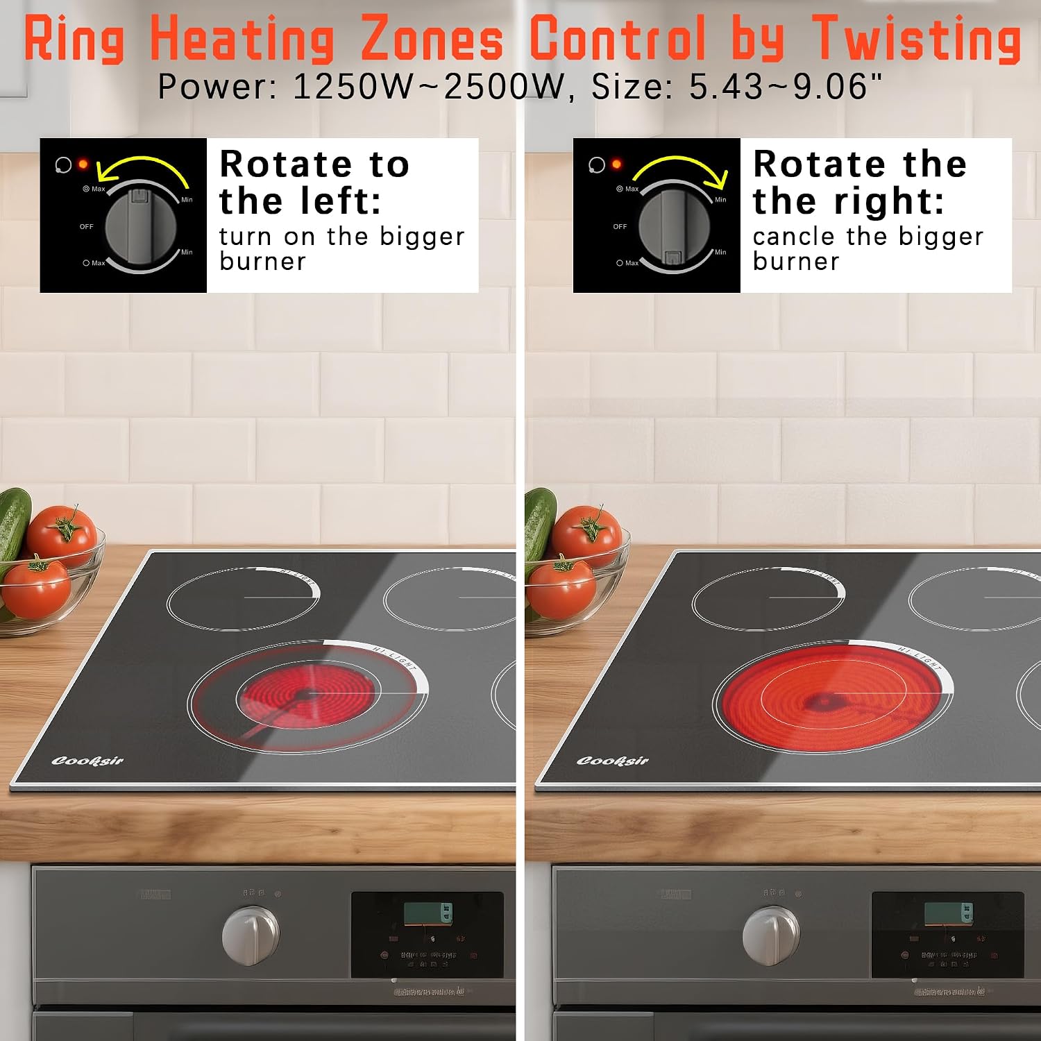36 Inch Electric Cooktop - Built-in(34.25'x19.3') 5 Burner Electric Stove with 8400W High Power, 36' Large 5 Zones Radiant Ceramic Stove Knob Control, Residual Heat Indicator, 220V Hard Wired