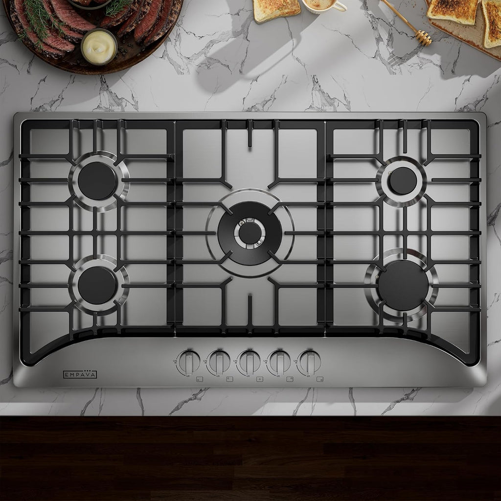 Empava 36 Inch Gas Cooktop with 5 Sealed SABAF Burners, Stainless Steel Built-in Stove Top, LPG/NG Convertible, Auto Electric Pulse Ignition, Flame Failure Protection