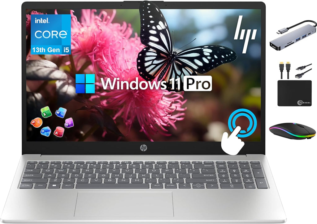 HP 15.6' Touchscreen Pavilion Laptop Computer, 16GB RAM, 1TB Storage (500GB SSD + 500GB Ext), 10-Core Intel i5 Processor, Wi-Fi 6E, Windows 11 Pro with Lifetime Microsoft Office, MarxsolAccessory