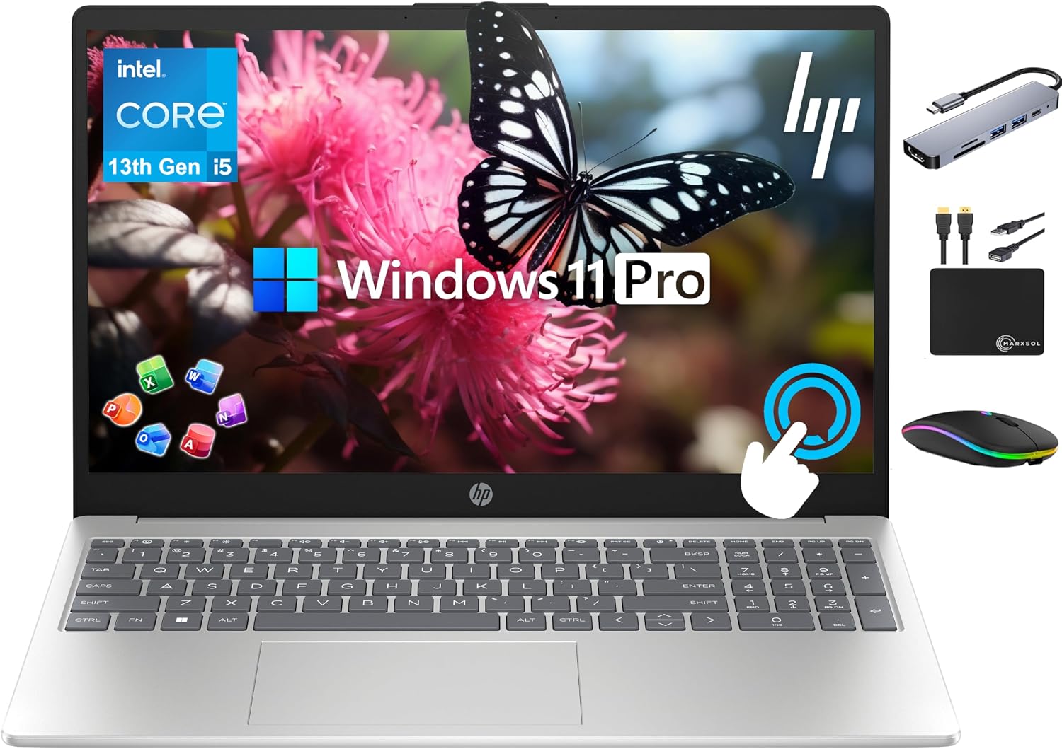 HP 15.6' Touchscreen Pavilion Laptop Computer, 16GB RAM, 1TB Storage (500GB SSD + 500GB Ext), 10-Core Intel i5 Processor, Wi-Fi 6E, Windows 11 Pro with Lifetime Microsoft Office, MarxsolAccessory