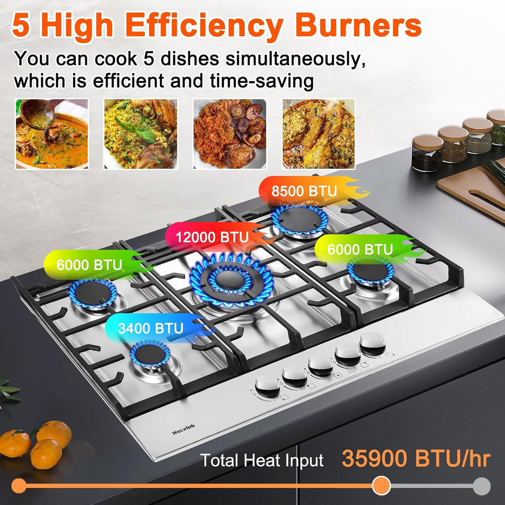 30 Inch Gas Cooktop, 5 Burners Built in Gas Stove Top, NG/LPG Convertible Propane Cooktop, Auto Ignition, Stainless Steel Surface, Cast Iron Grates, Thermocouple Protection, ETL
