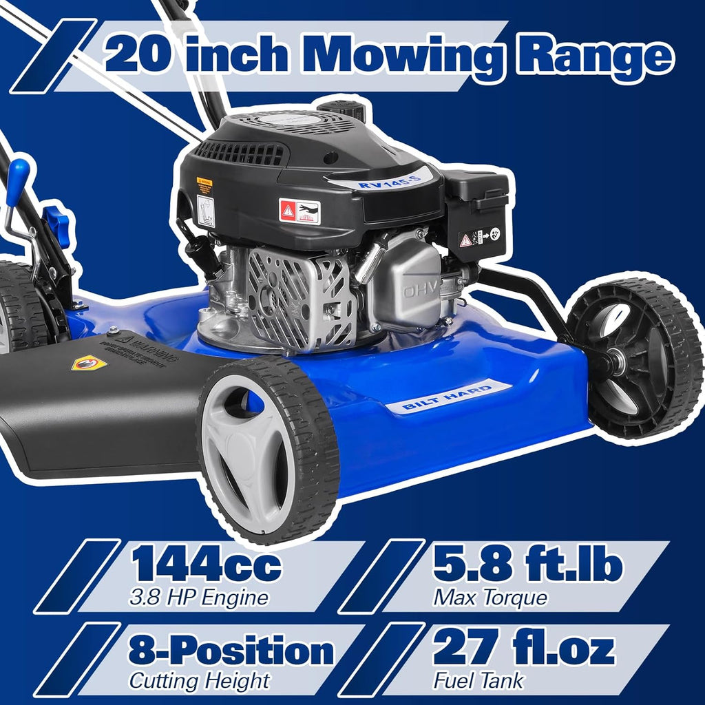 BILT HARD Gas Lawn Mower 20 inch, 144cc 4-Cycle OHV Engine Lawnmower, 8 Adjustable Cutting Heights Push Mowers for Lawn, Yard and Garden