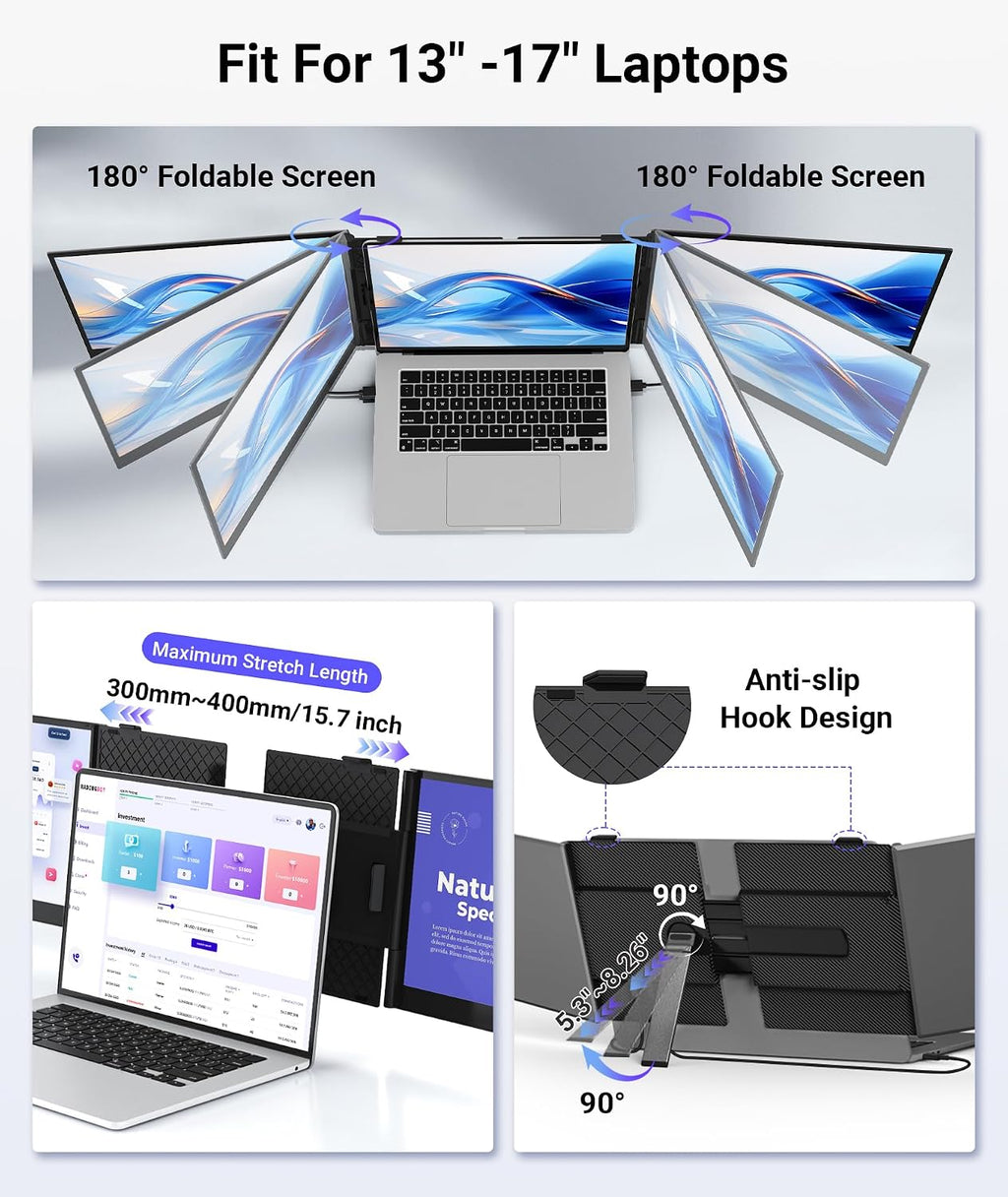 14' Triple Laptop Screen Extender, Ultra-Thin FHD 1080P Portable Monitor, 2.2lbs Lightweight Plug & Play Travel Monitor for 13'-17' Laptops, Compatible with Windows/Mac/Android/Chrome
