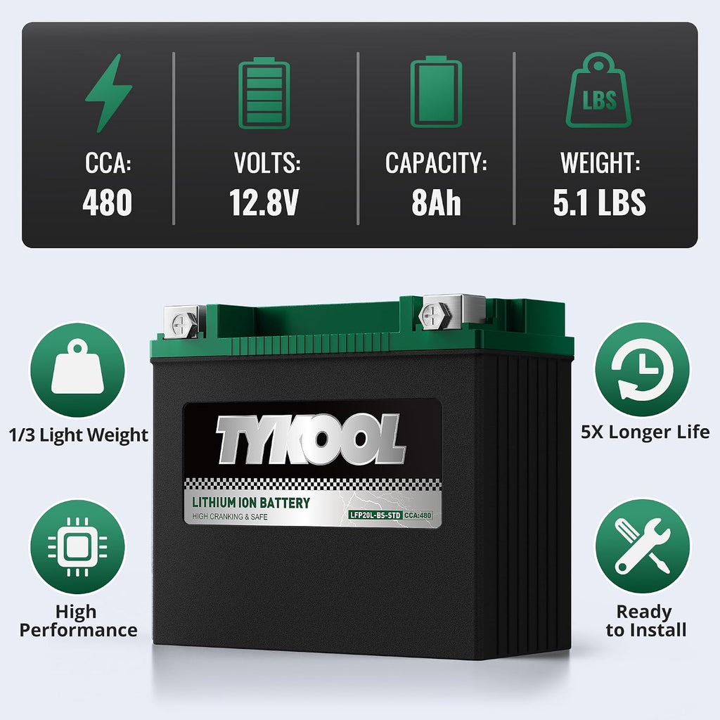 TYKOOL LFP20L-BS-STD Lithium Battery, Replaces YTX20L-BS 65989-97C, 480CCA 8Ah Fits for Motorcycle ATV UTV PWC, Compatible with Harley Davidson Softail Fat Boy V-Rod Heritage Classic, Digital Readout