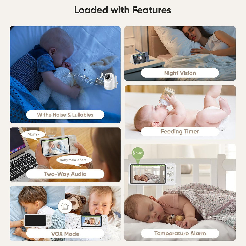 bonoch 2K 5.5' Split Screen Baby Monitor with 2 Cameras, 240hrs Battery Dual Video Monitor, White Noise, 1600ft Long-range, Hack-Proof No WiFi, Night Vision, Smart Detect for Cry/Sleep Turnover/Motion