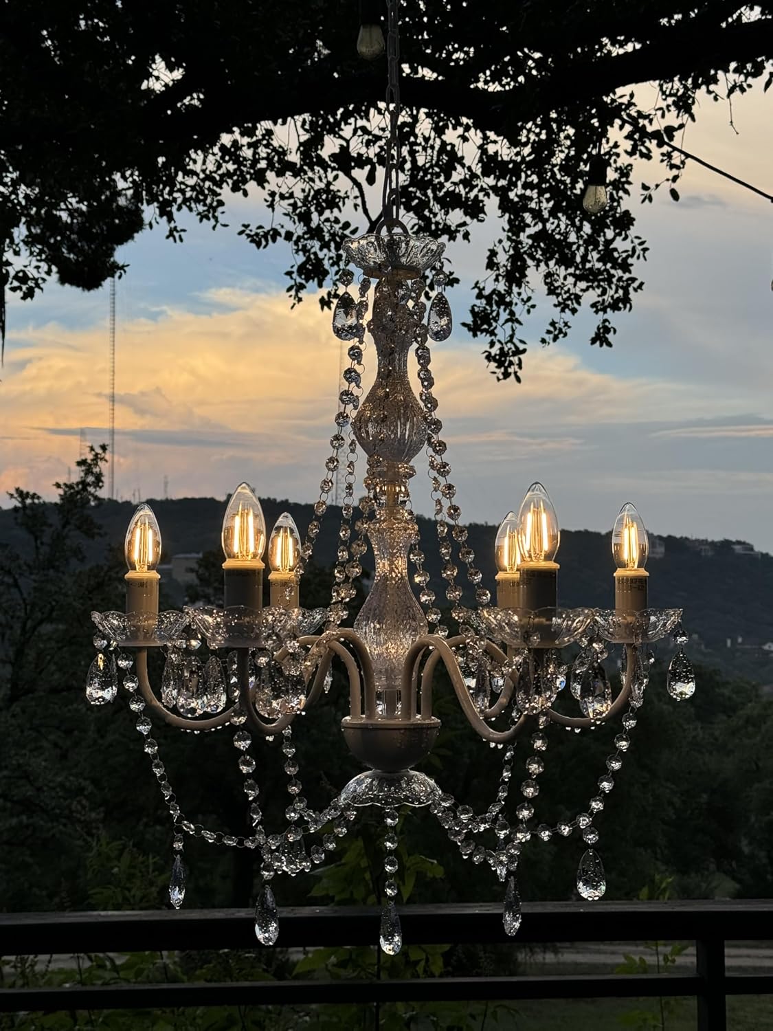 Outdoor 6 Light Plug-in Crystal White Chandelier H26'xW22', White Metal Frame, Clear Acrylic Crystals, and Low Voltage (12 Volts) IP65 Water Resistant Electrical Components