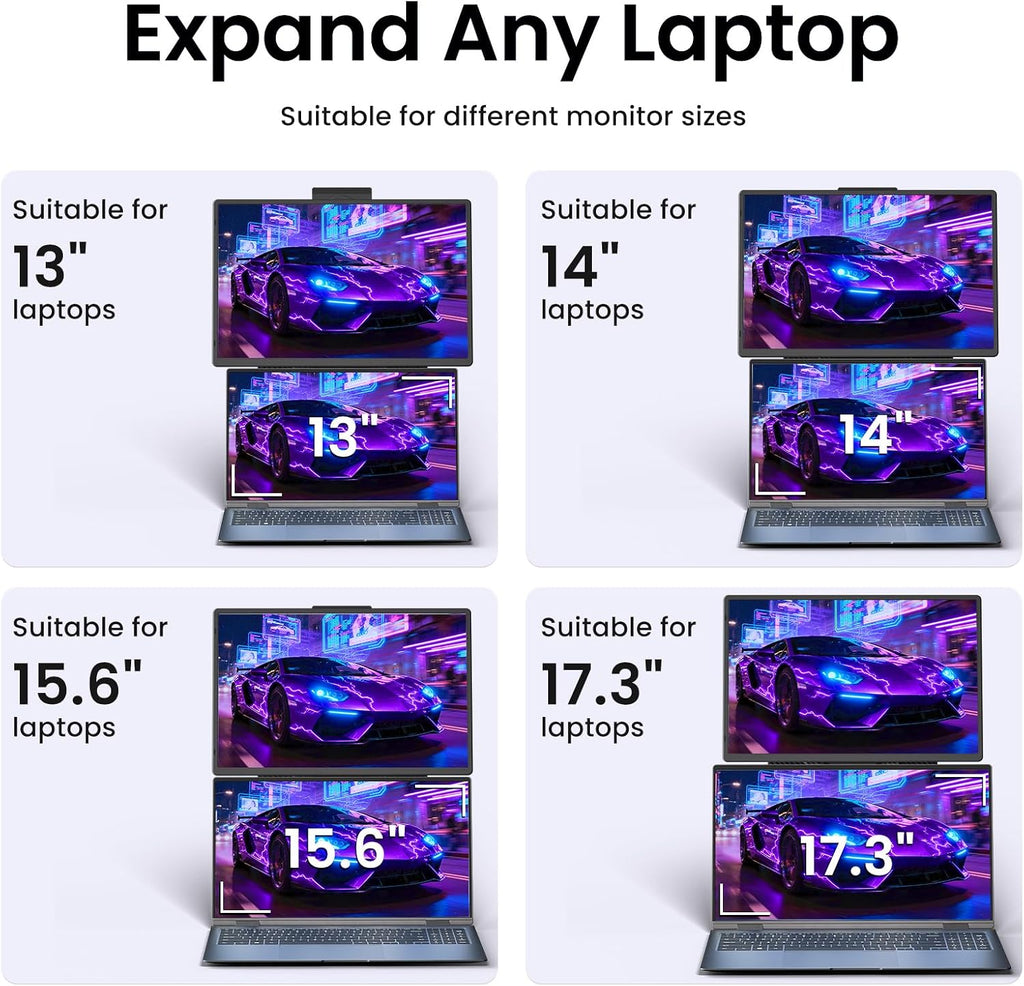 Laptop Screen Extender Portable Monitor - Dual 16' 1200P FHD Travel Monitor Fit for 13-17' Laptops Plug & Play 360° Rotating Detachable Stand Height Adjustable for Travel/Work/Study