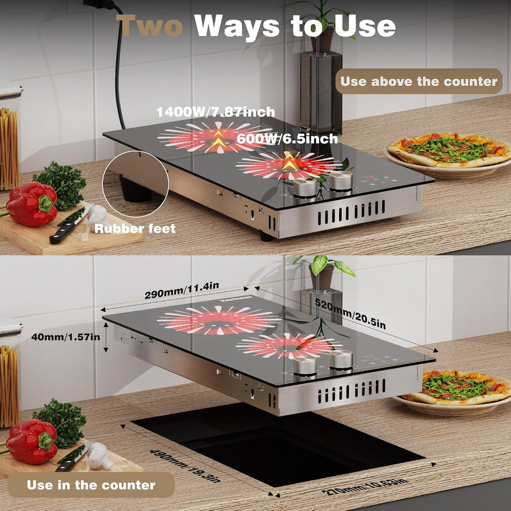 Karinear 110V Electric Cooktop 2 Burners, 12 Inch Electric Stove with Plug in, Countertop & Built-in Ceramic Stove Top, Knob and Sensor Touch Control, Multifunctional Radiant Stove