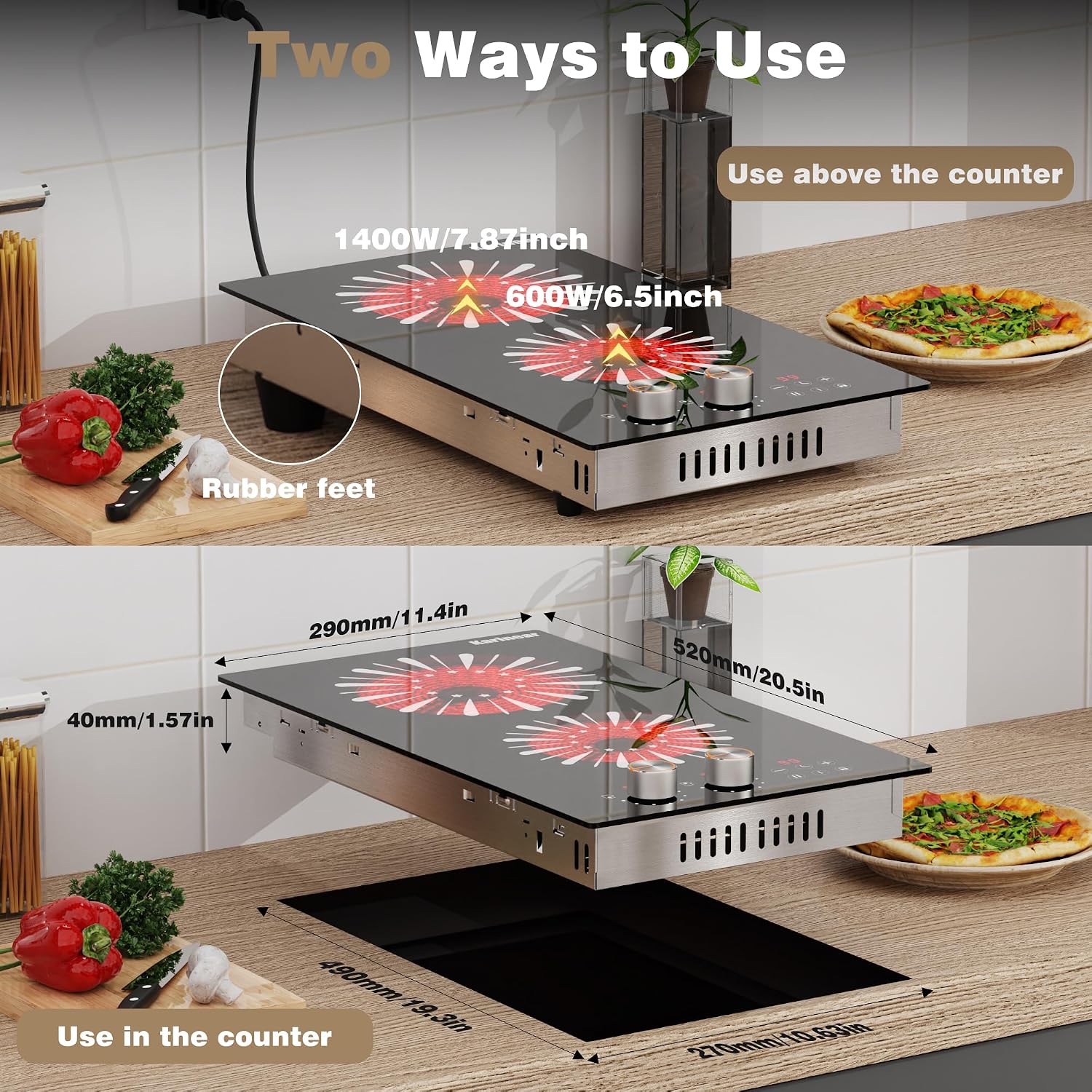 Karinear 110V Electric Cooktop 2 Burners, 12 Inch Electric Stove with Plug in, Countertop & Built-in Ceramic Stove Top, Knob and Sensor Touch Control, Multifunctional Radiant Stove
