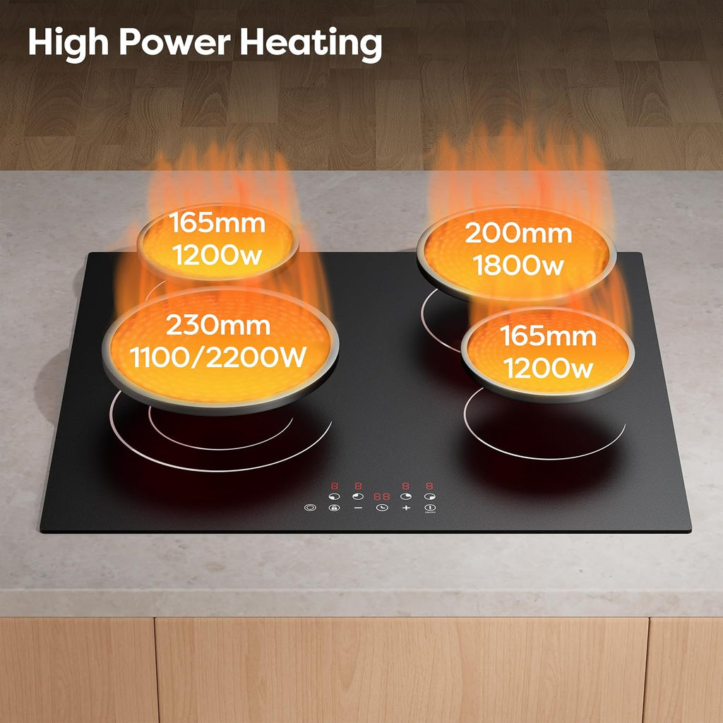 CDV Electric Cooktop 4 Burner 24 Inch, 6400W Built-in Ceramic Electric Stove Top, 220-240v Radiant Cooktop with 9 Heat Levels, 99min Individual Timer, Child Lock & Multiple Safety Protection (No Plug)