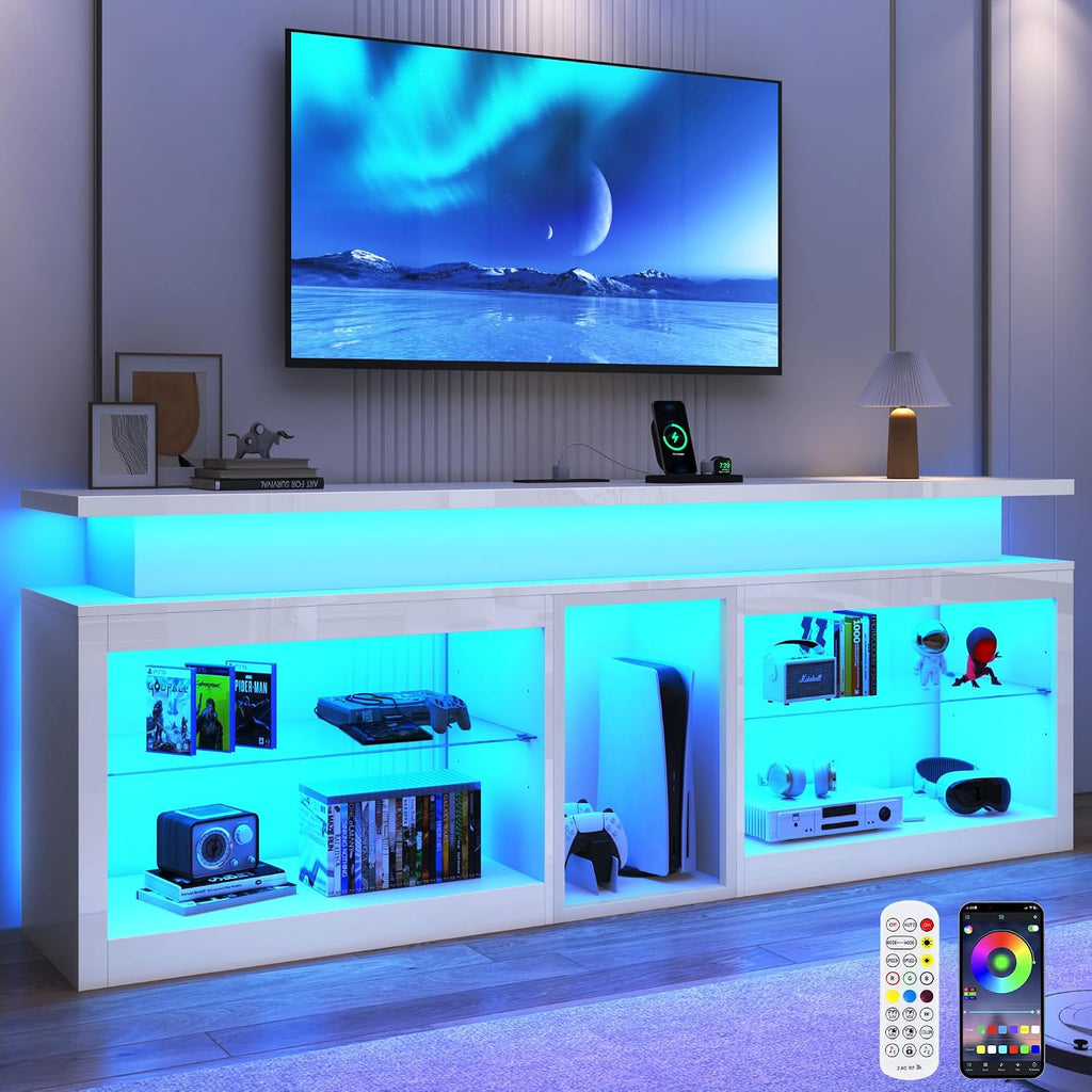 71' LED TV Stand with Power Outlet,60-Colors LED Lights For 65 70 80 in TV,High Gloss Gaming Entertainment Center w/Adjustable Shelves,White TV Console with Modern Design for Living Room Bedroom