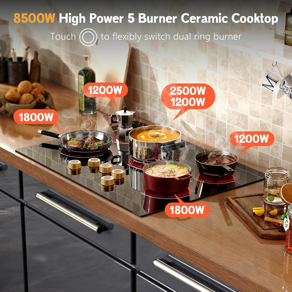 30 Inch Electric Cooktop, 30' Electric Stove 8500W, 5 Burner Ceramic Cook Top Built-in, Knob & Touch Control, Expanded Zone, Child Lock, Pause Function, 220V - 240V Hard Wire, No Plug
